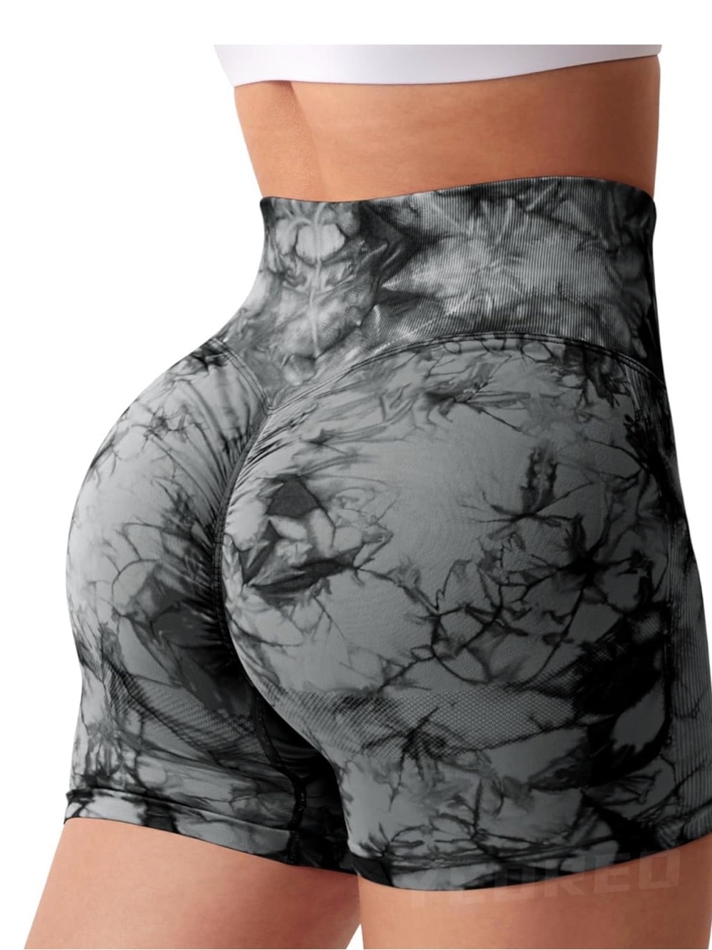 High-Waist Marble Print Compression Shorts - Gray/Black